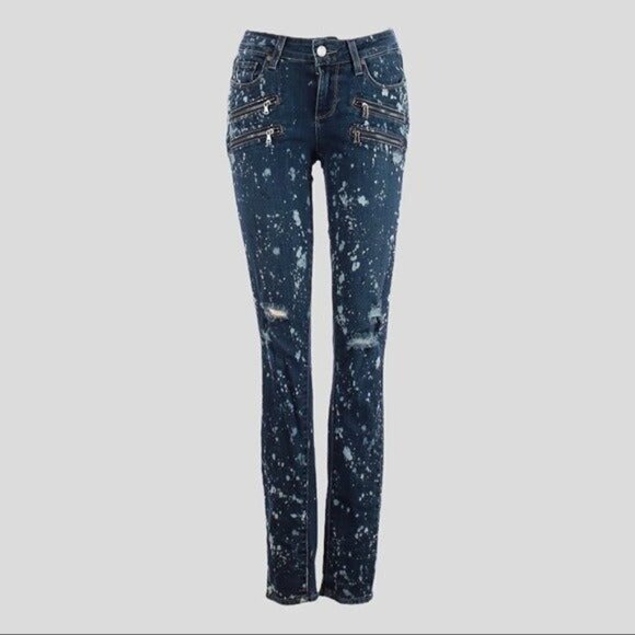 Paige Edgemont Acid Paint Splatter Moto Zip Distressed Skinny Jeans 25 Low Rise - Picture 2 of 11